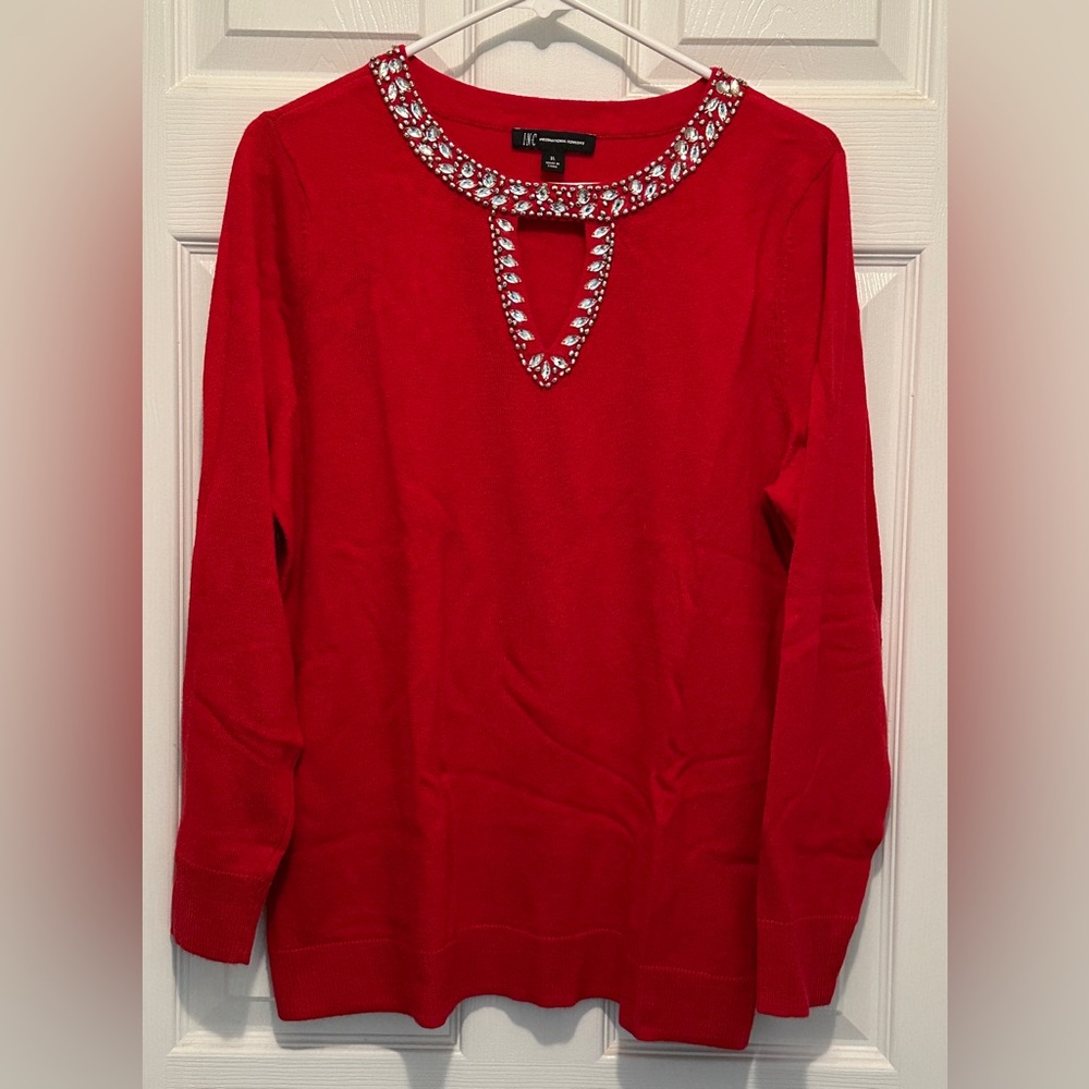 INC International Concepts Women’s Red Bling Embellished Keyhole Sweater SZ XL
